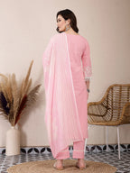 Yufta Pink Solid Thread Work Straight Kurta Trouser Dupatta Set