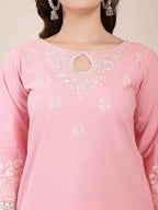 Yufta Pink Solid Thread Work Straight Kurta Trouser Dupatta Set