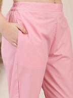Yufta Pink Solid Thread Work Straight Kurta Trouser Dupatta Set