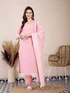 Yufta Pink Solid Thread Work Straight Kurta Trouser Dupatta Set