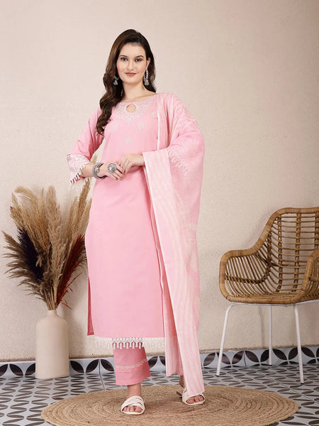 Yufta Pink Solid Thread Work Straight Kurta Trouser Dupatta Set