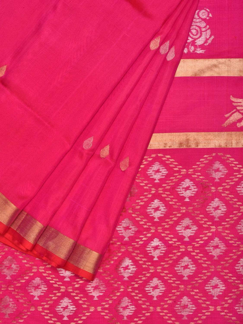 Pink Uppada Silk Handloom Saree with Birds and Jamdani Pallu Design - Global Threads