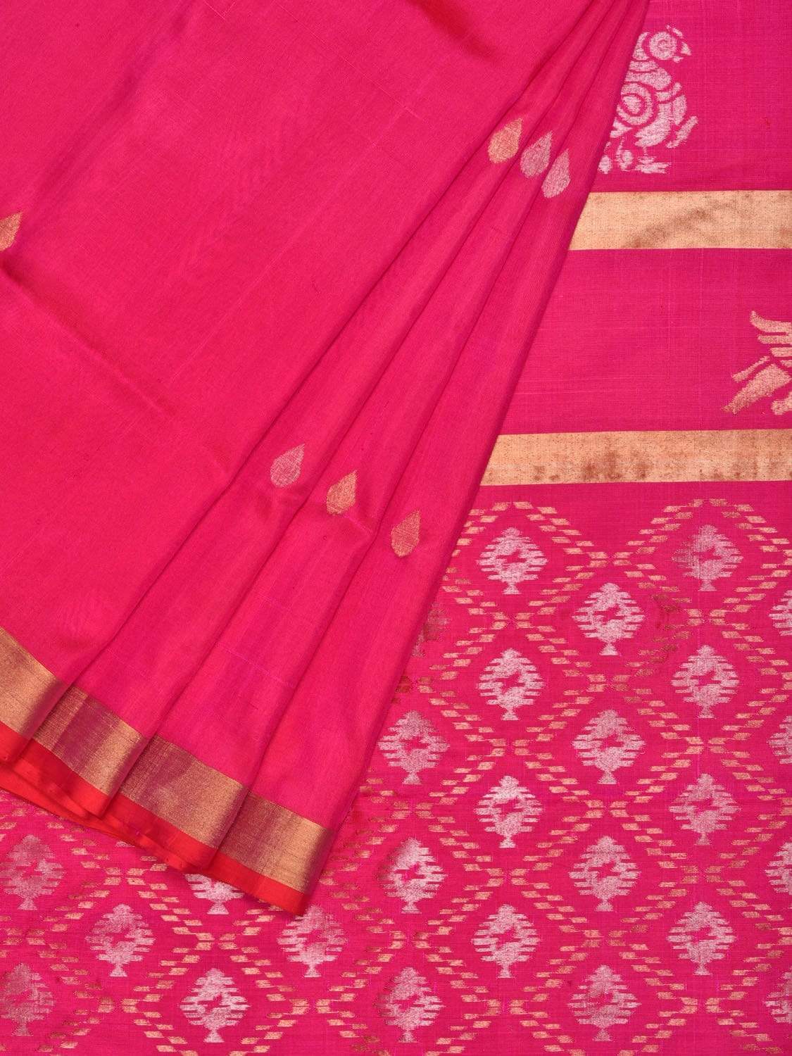Pink Uppada Silk Handloom Saree with Birds and Jamdani Pallu Design - Global Threads