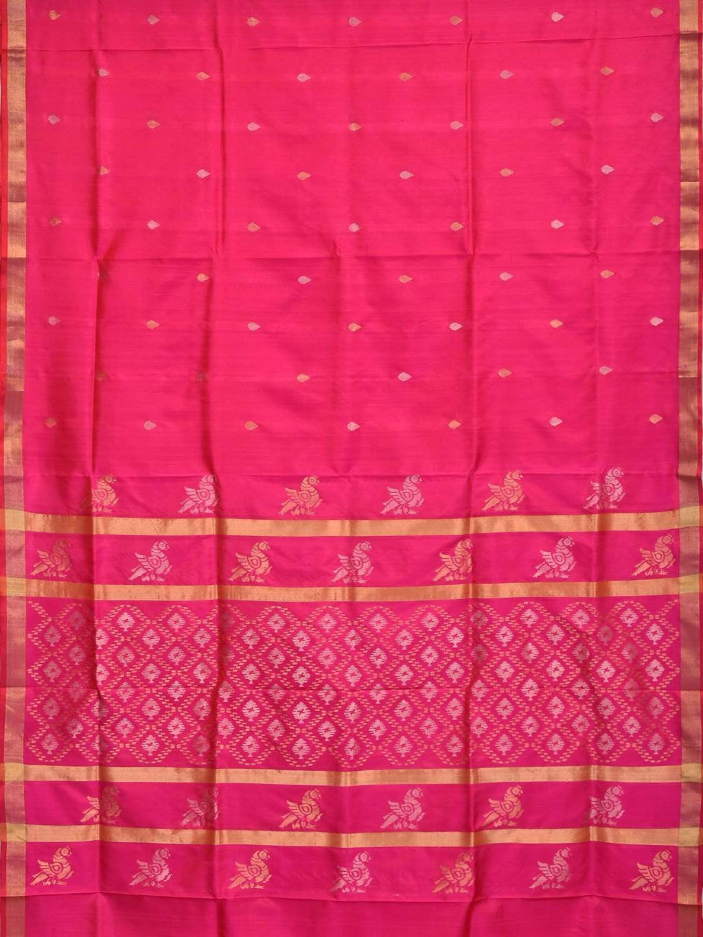 Pink Uppada Silk Handloom Saree with Birds and Jamdani Pallu Design - Global Threads