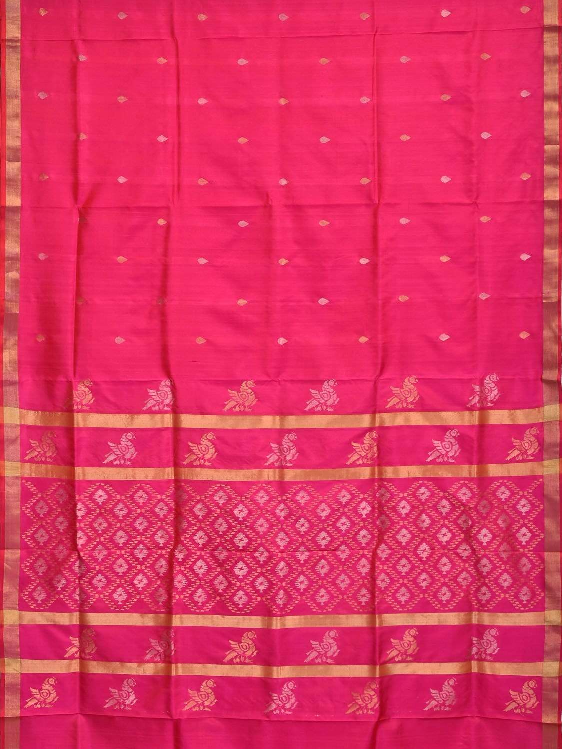 Pink Uppada Silk Handloom Saree with Birds and Jamdani Pallu Design - Global Threads