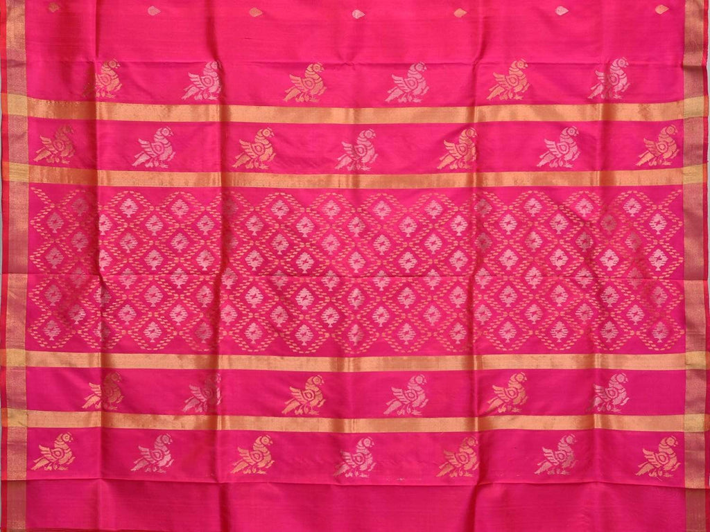 Pink Uppada Silk Handloom Saree with Birds and Jamdani Pallu Design - Global Threads