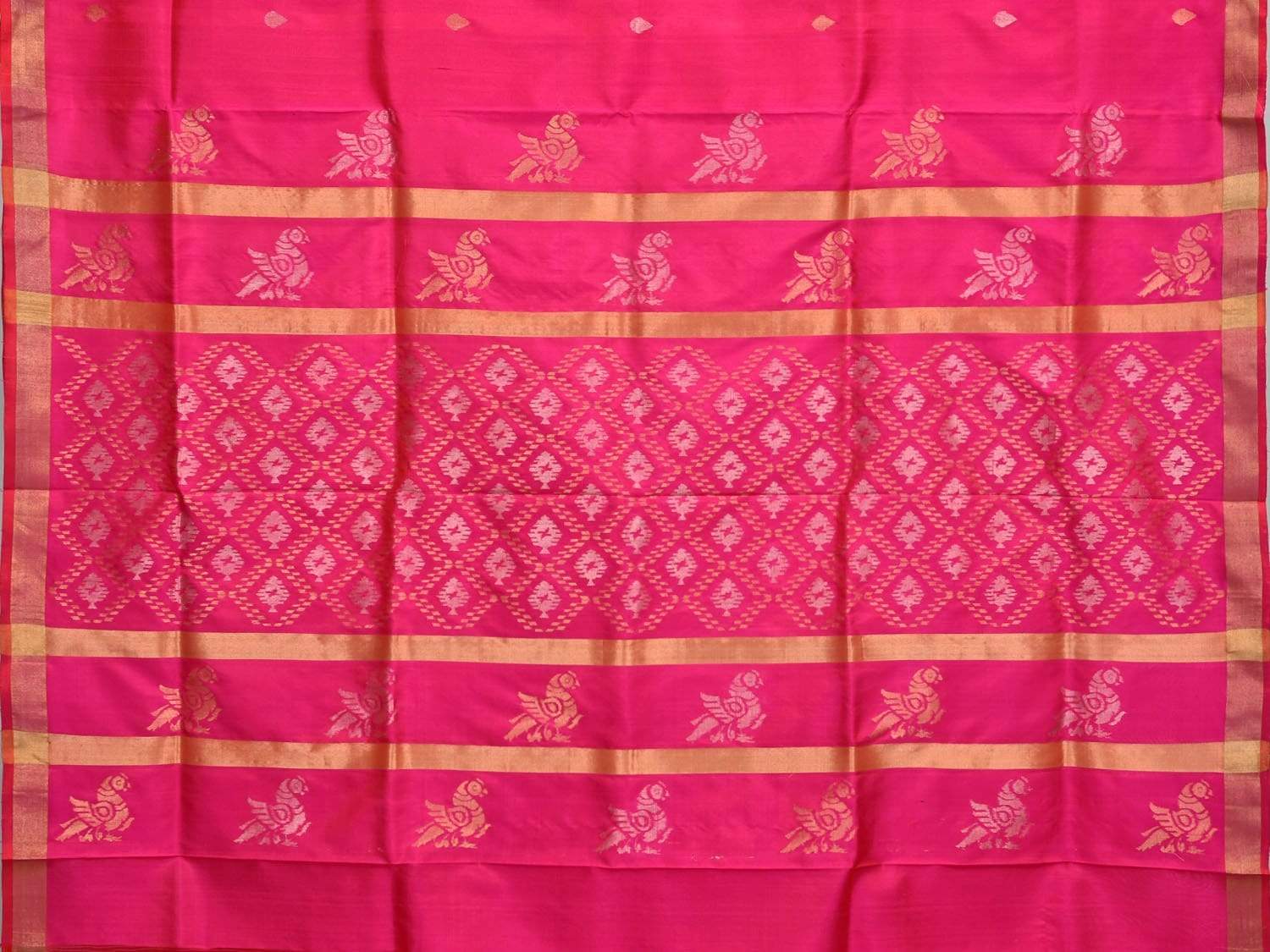 Pink Uppada Silk Handloom Saree with Birds and Jamdani Pallu Design - Global Threads