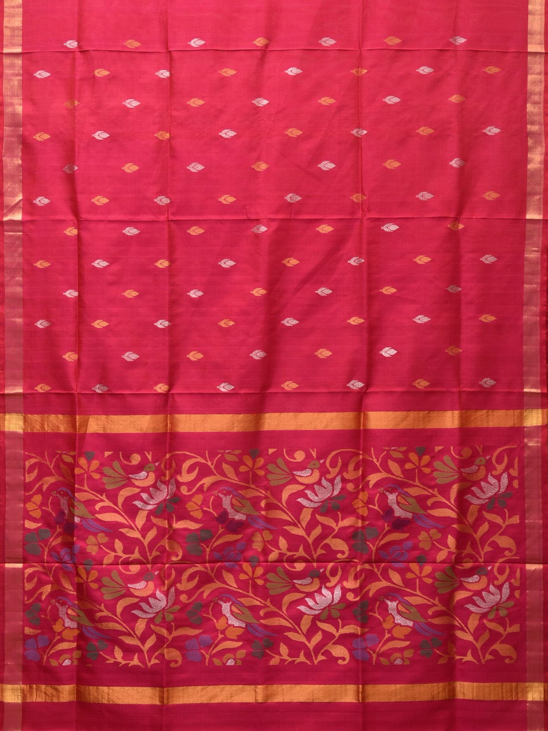 Pink Uppada Silk Handloom Saree with Floral and Birds Design - Global Threads
