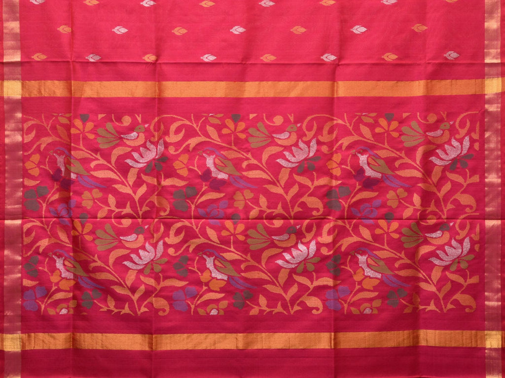 Pink Uppada Silk Handloom Saree with Floral and Birds Design - Global Threads