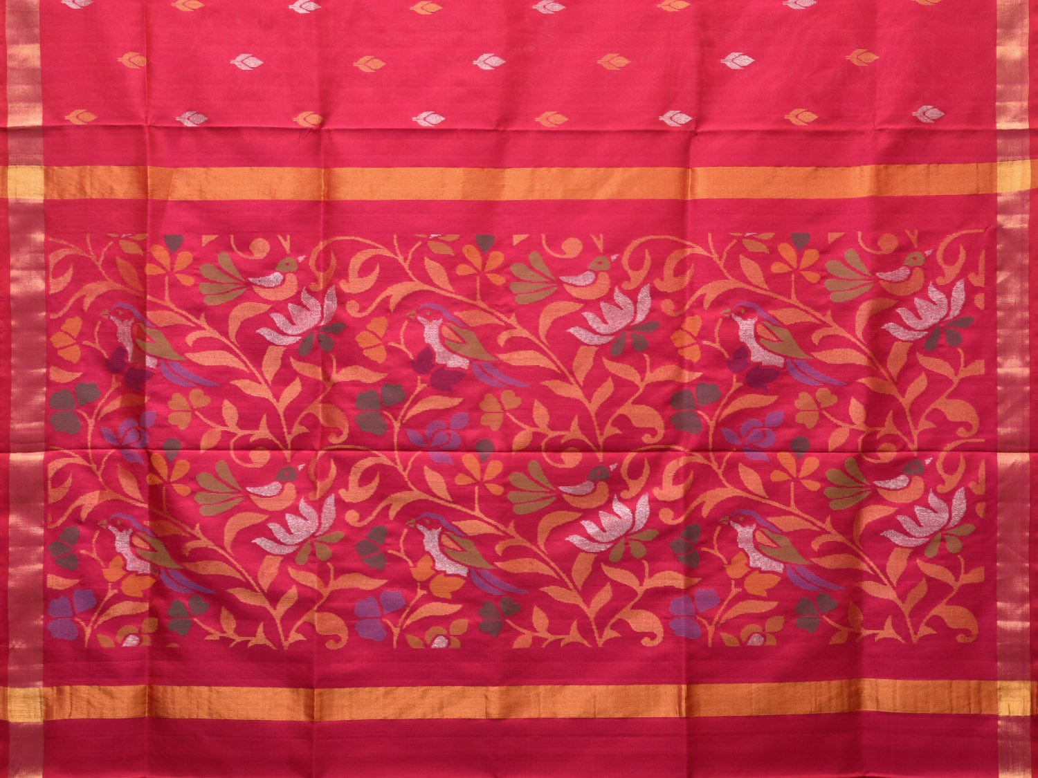 Pink Uppada Silk Handloom Saree with Floral and Birds Design - Global Threads