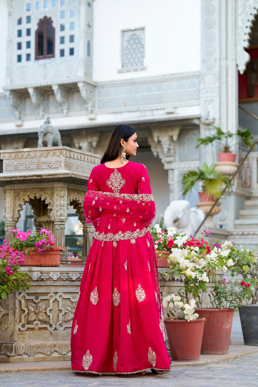 Evanik Pink Vichitra Silk Sequins and Thread Embroidery Work Gown Dupatta - Distacart
