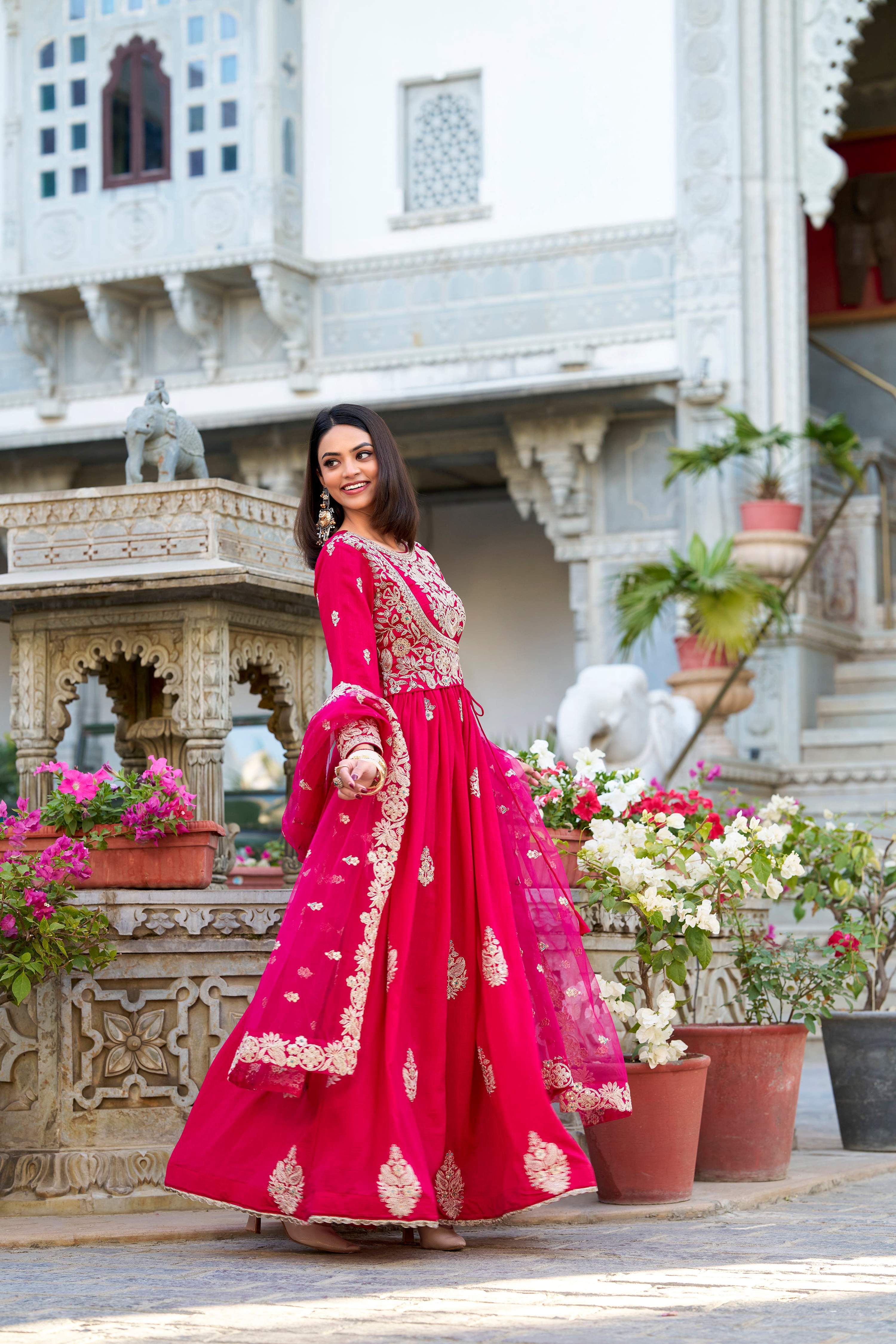 Evanik Pink Vichitra Silk Sequins and Thread Embroidery Work Gown Dupatta - Distacart