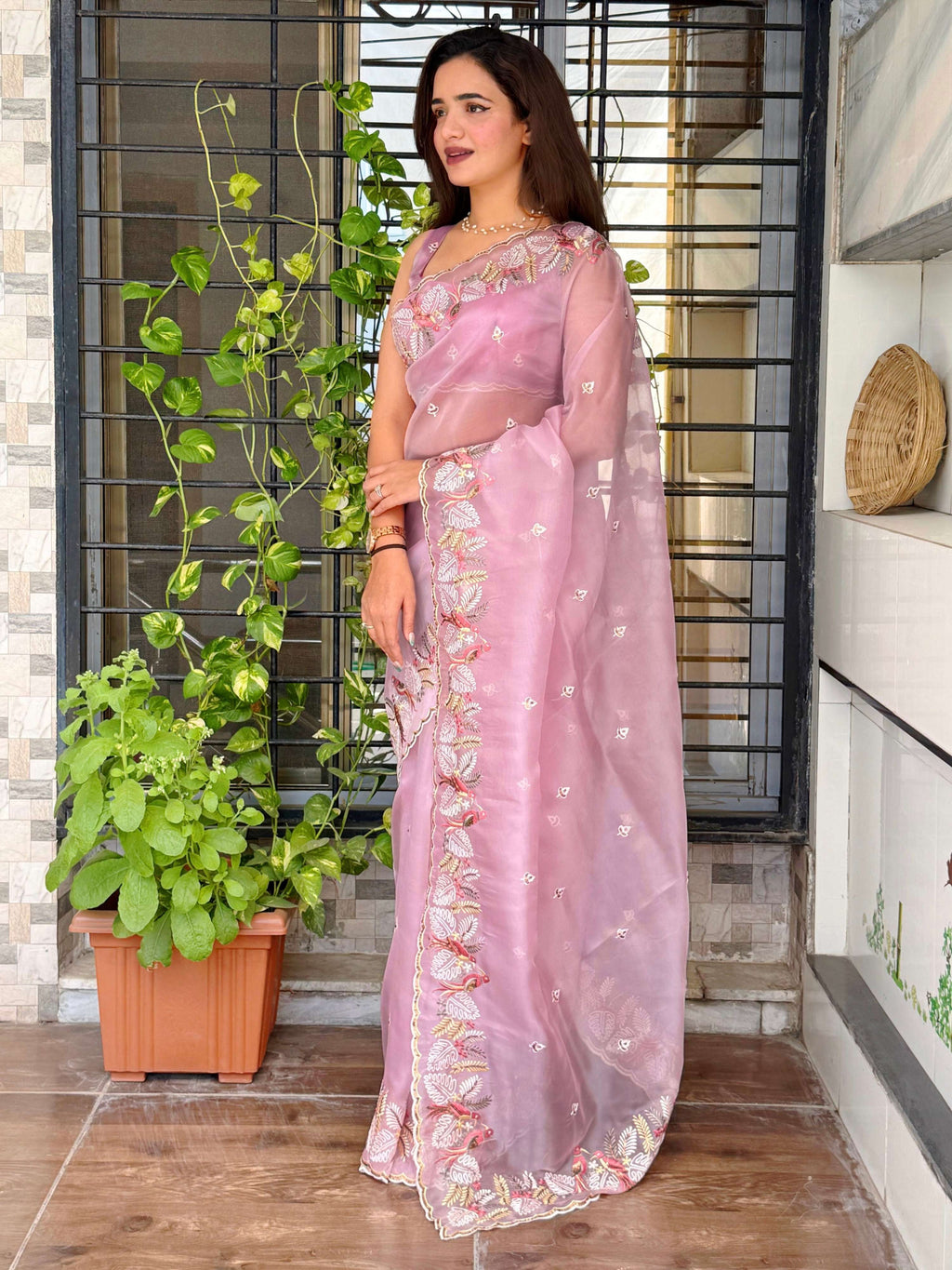 Evanik Leno Net Organza Embroidered Work Saree With Unstitched Blouse - Distacart