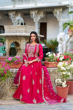 Evanik Pink Vichitra Silk Sequins and Thread Embroidery Work Gown Dupatta - Distacart