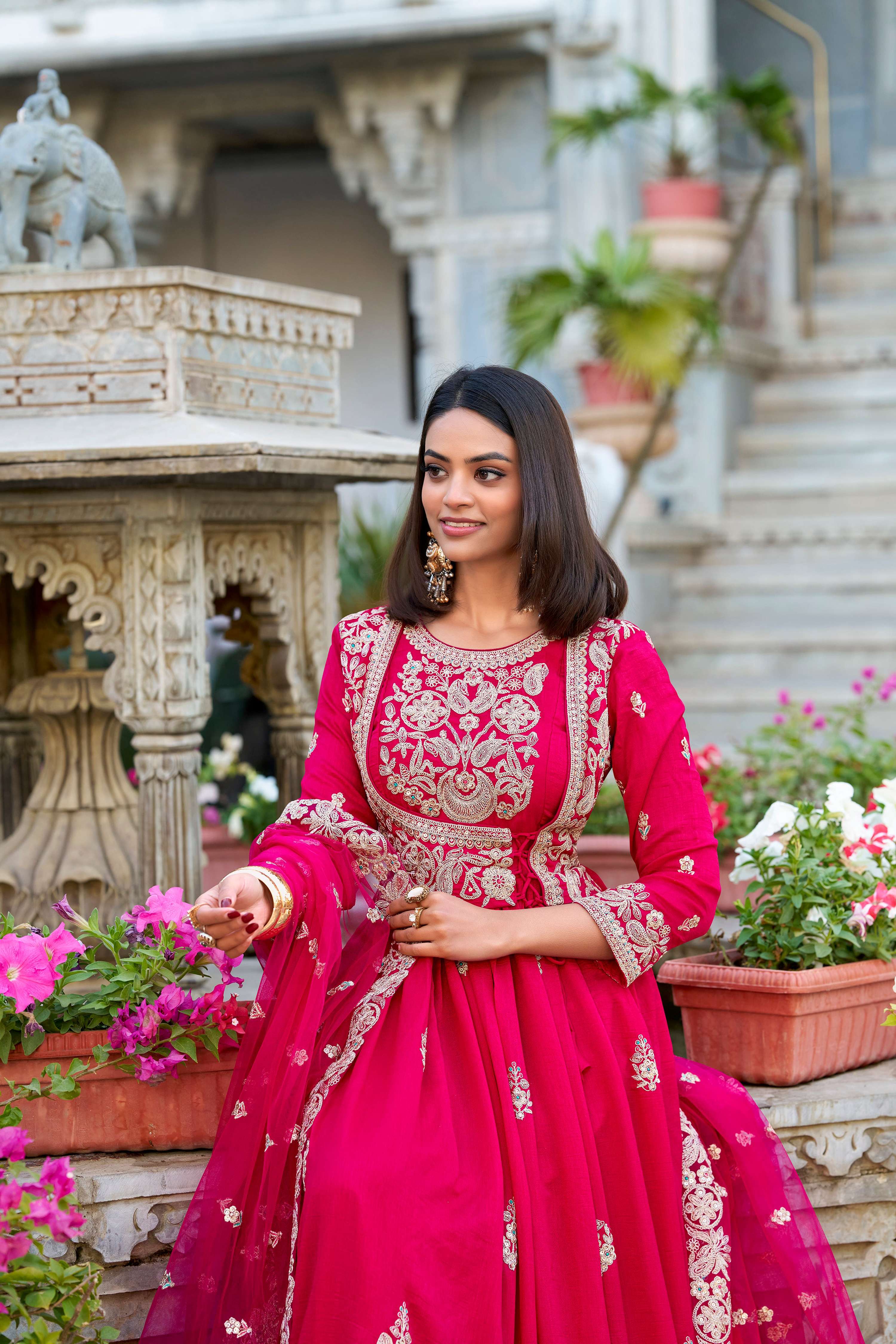 Evanik Pink Vichitra Silk Sequins and Thread Embroidery Work Gown Dupatta - Distacart