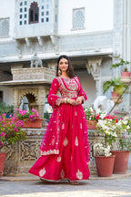Evanik Pink Vichitra Silk Sequins and Thread Embroidery Work Gown Dupatta - Distacart