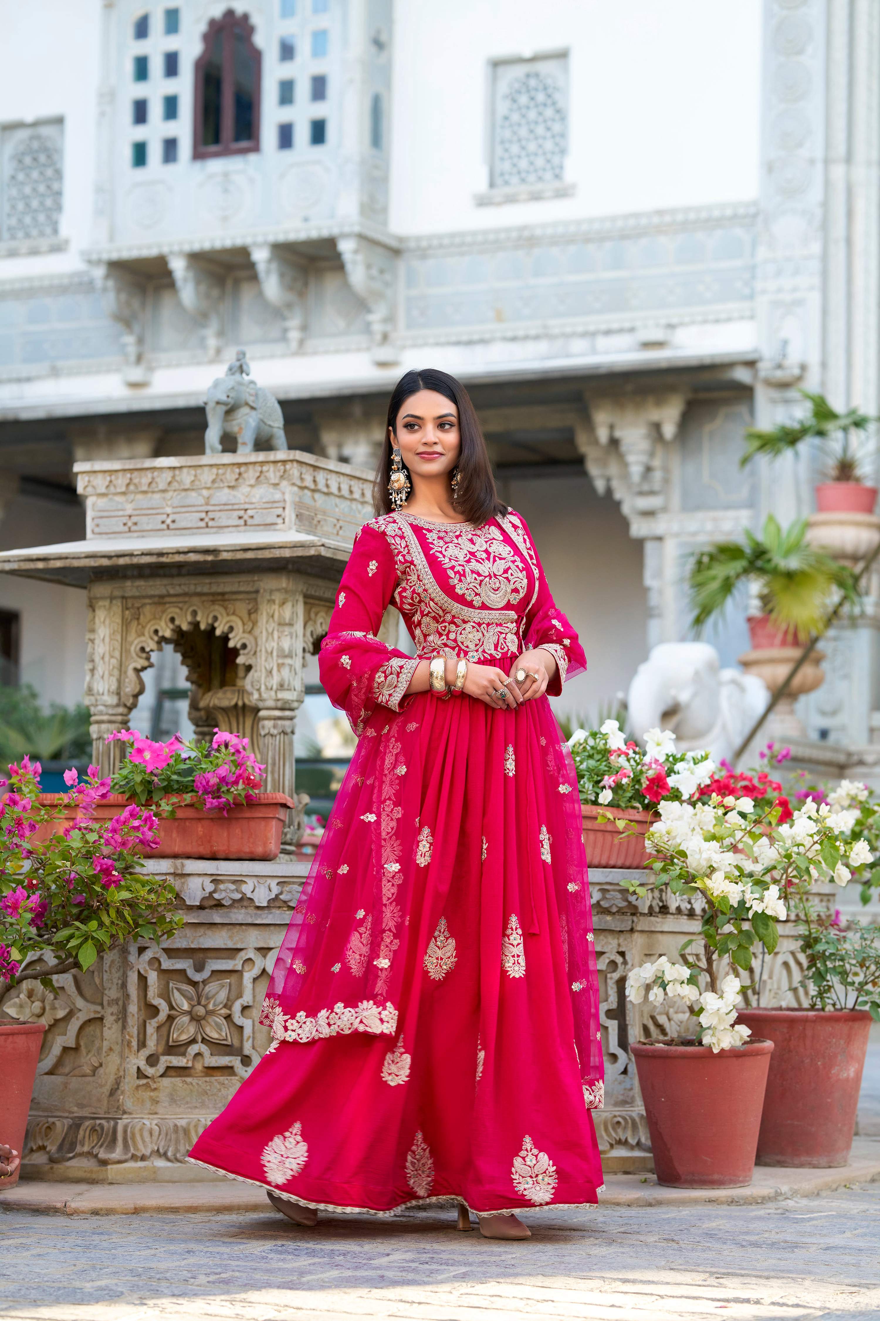 Evanik Pink Vichitra Silk Sequins and Thread Embroidery Work Gown Dupatta - Distacart
