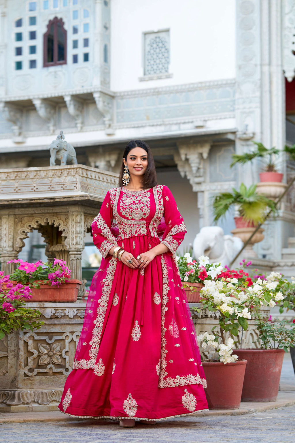Evanik Pink Vichitra Silk Sequins and Thread Embroidery Work Gown Dupatta - Distacart