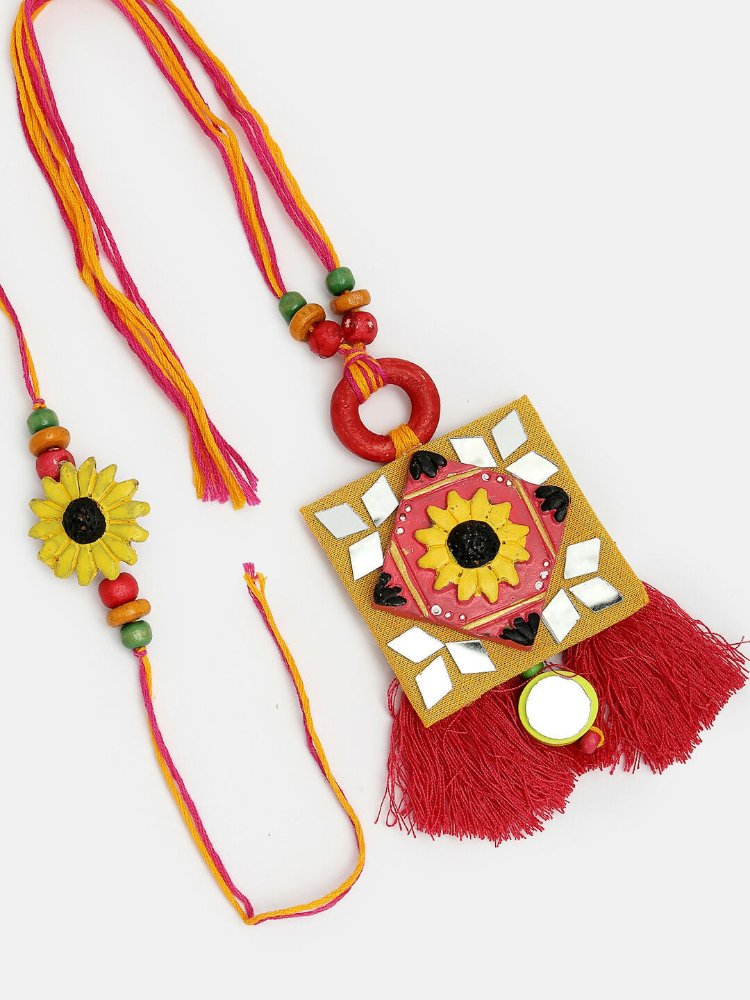 NVR Women & Men Set of 2 Red & Yellow Mirror Work Handcrafted Bhaiya Bhabi Rakhi With Roli Chawal & Chocolate - Distacart