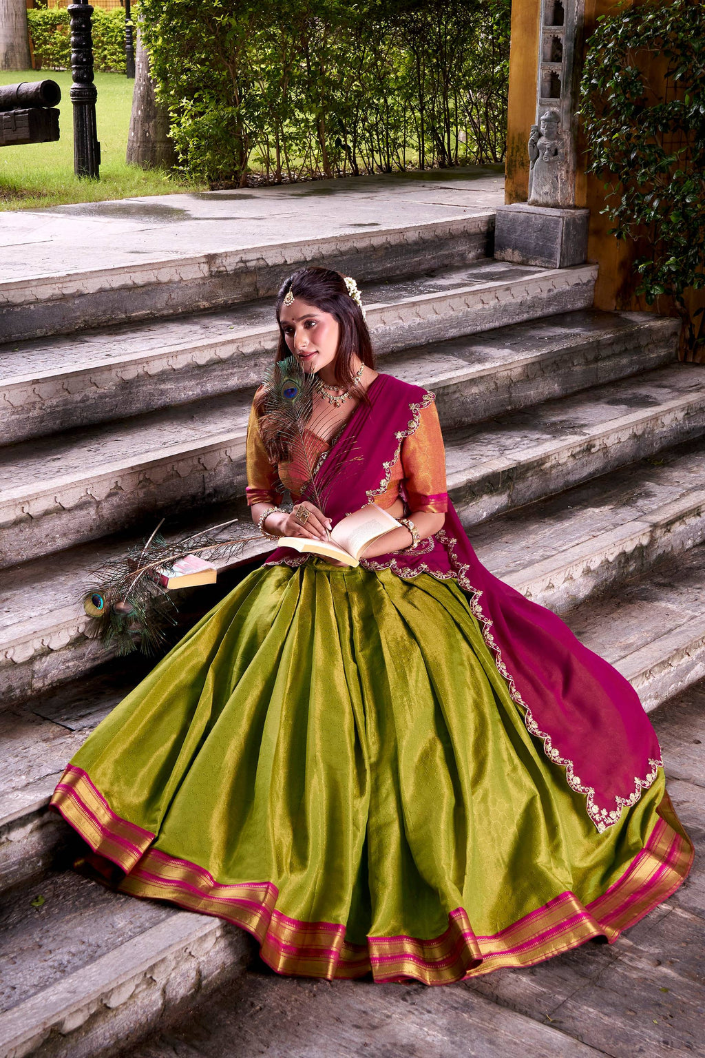 Evanik Pista South-style Kanchipuram silk lehenga With Unstitched Blouse & Dupatta