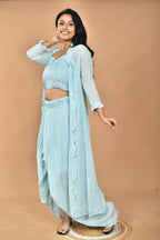 Morchari Women Hand Embroidery Crop Top-Sky