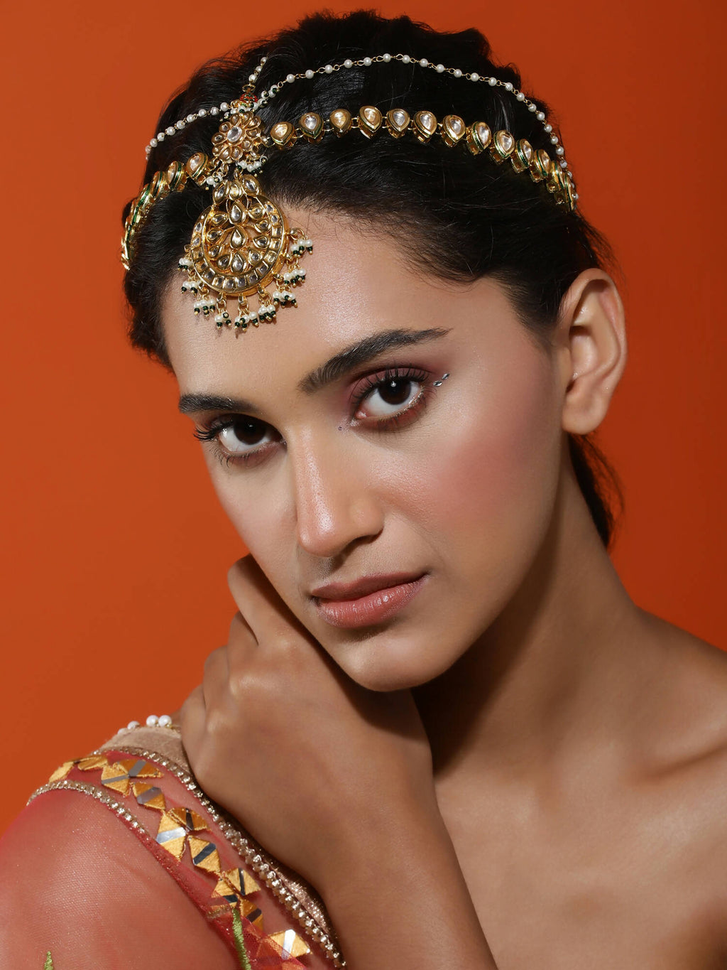 Women's Gold Plated Kundan Mathapatti Head Jewellery - Ruby Raang - Distacart