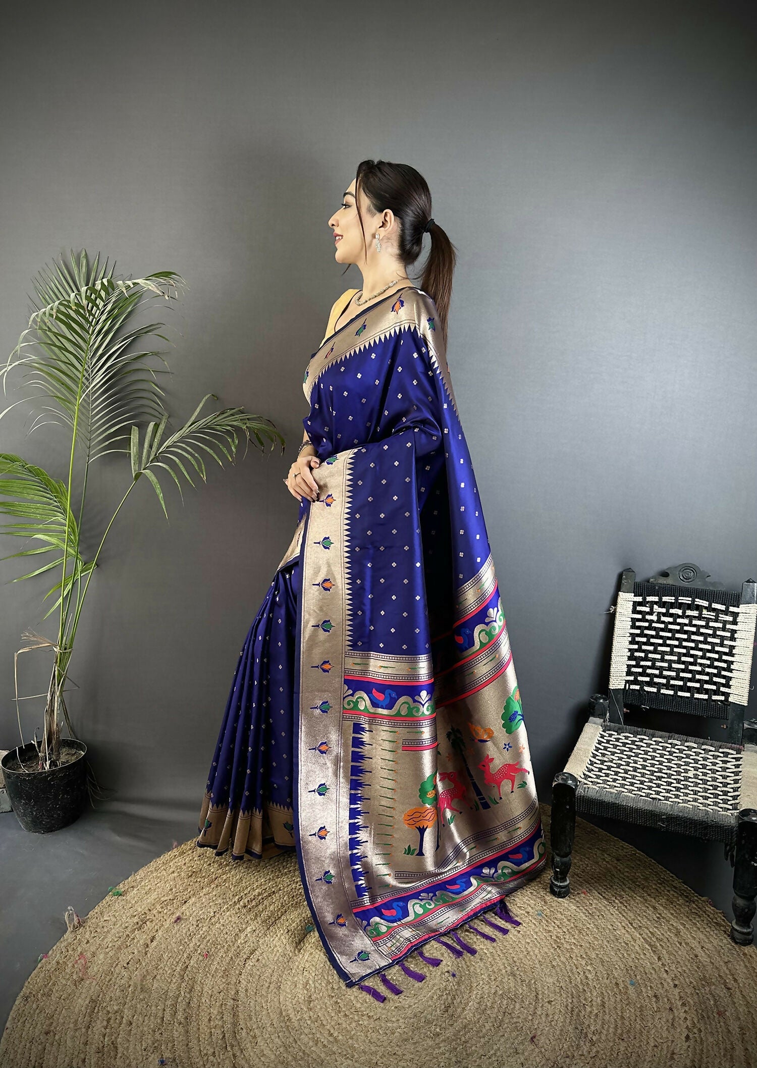 Joban Fashion Royal Blue Peacock & Floral Motifs Soft Lichi Silk Kanchipuram Saree - Distacart