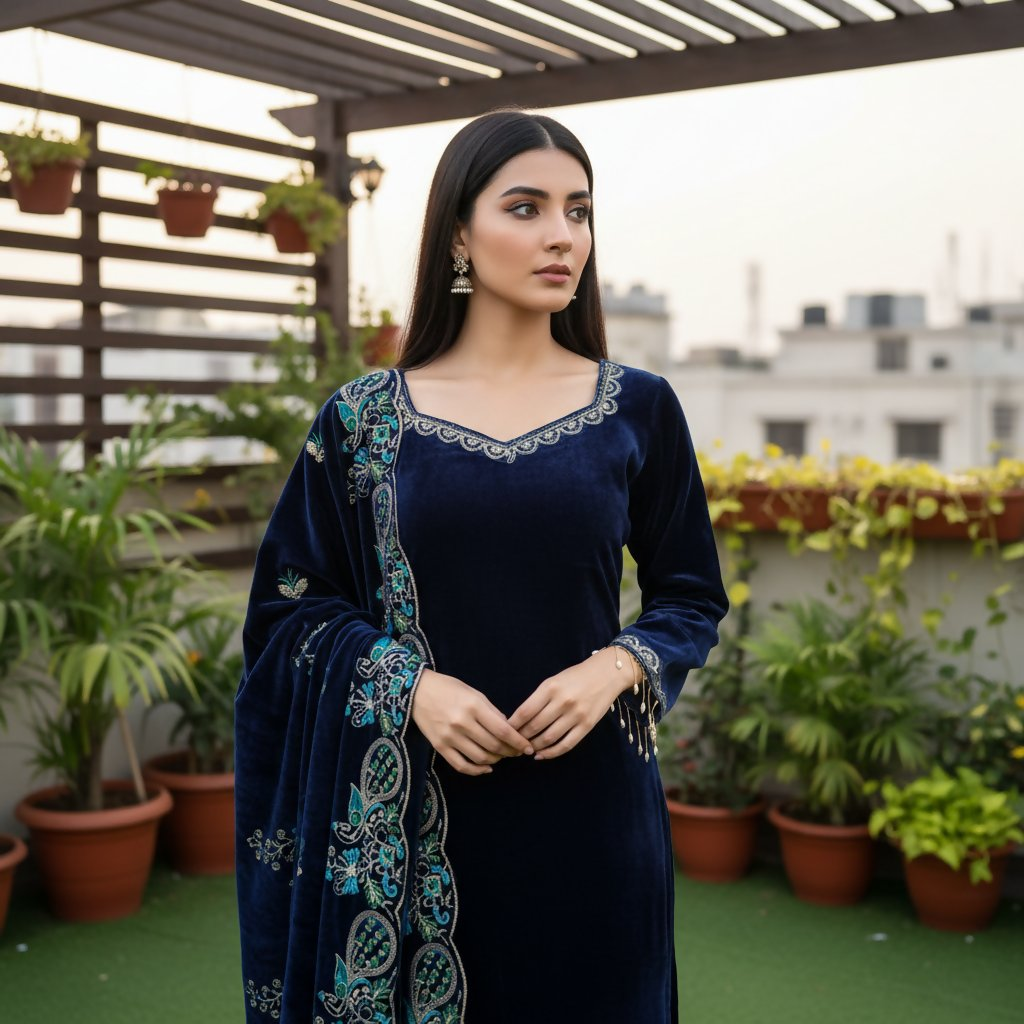 Teeya Creation Blue Color Velvet Designer Embroidery Work party Wear Suit - Distacart