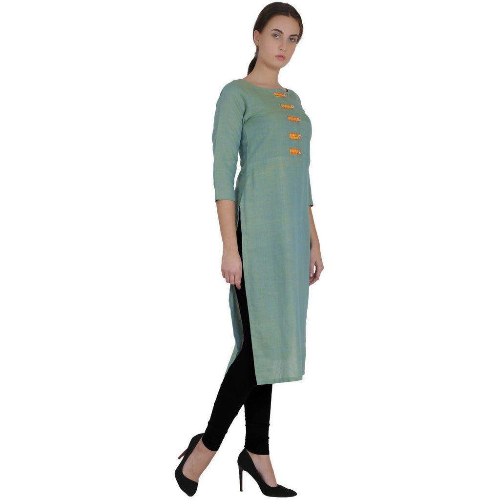Kanoor Women's Green Cotton Straight Kurti