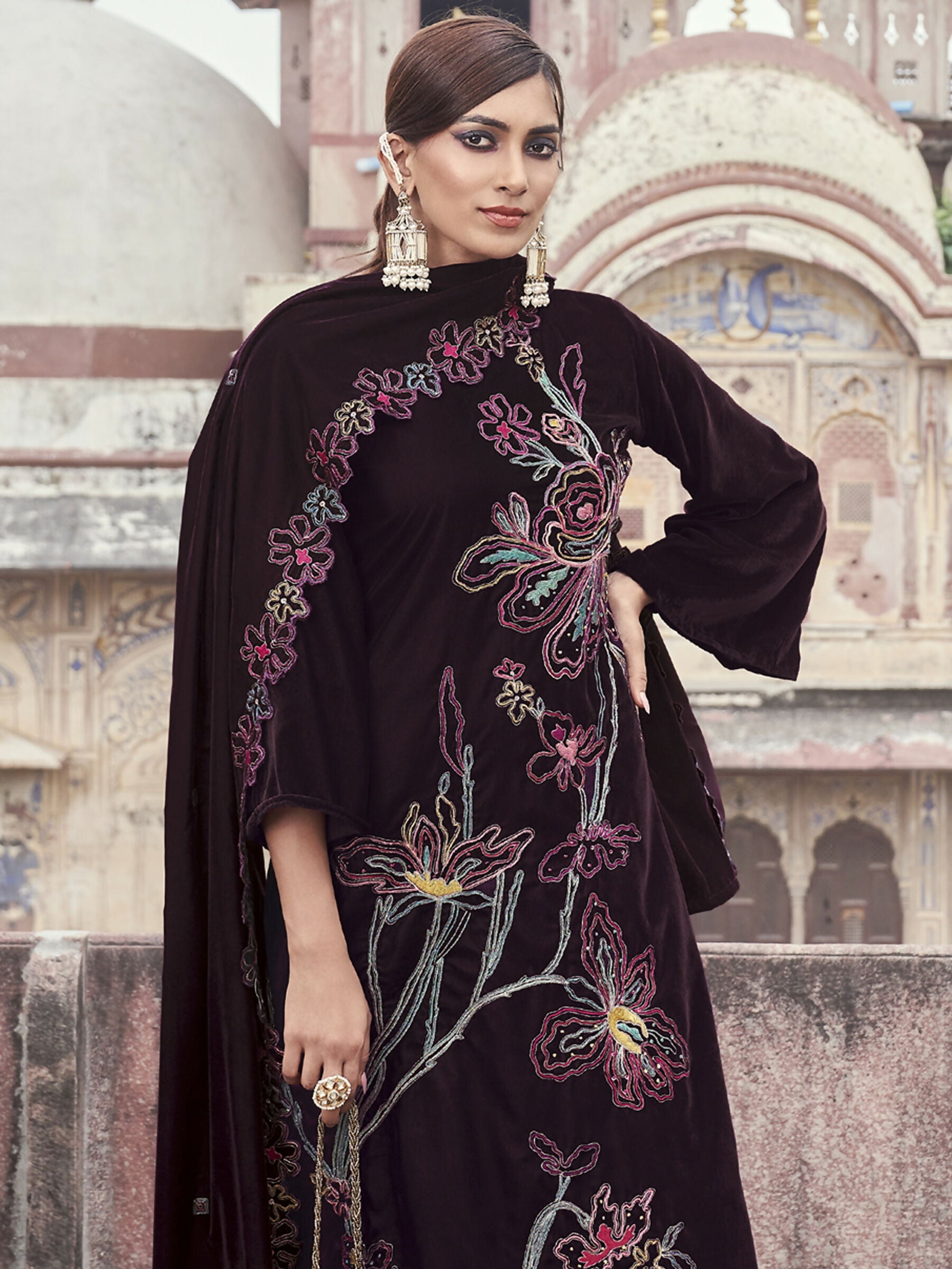 Jyoti Fashion Women's Wine Velvet Resham Thread with Jari & Sequin Kurta with Trouser & Dupatta