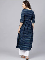 Vamika Navy Blue Printed Cotton Party/Casual Wear Kurta Set/Suit