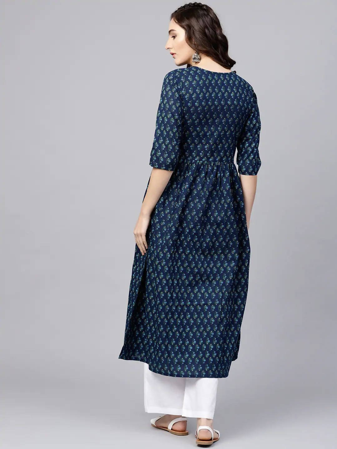 Vamika Navy Blue Printed Cotton Party/Casual Wear Kurta Set/Suit
