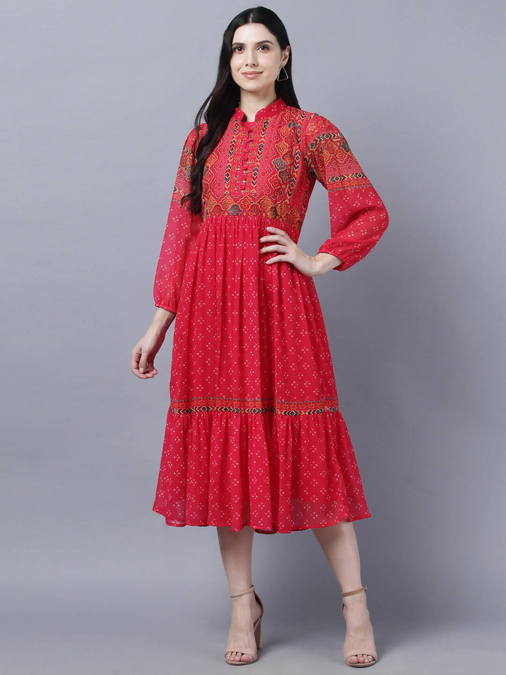 Myshka Stylish Red 3/4 Sleeve Women's Dress - Distacart