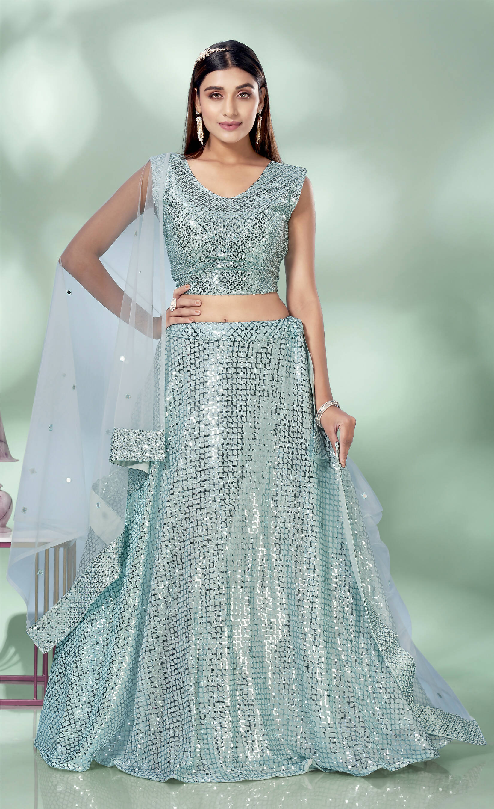 Sky Blue Net Heavy Sequence work Lehenga Choli with Dupatta - Tanya