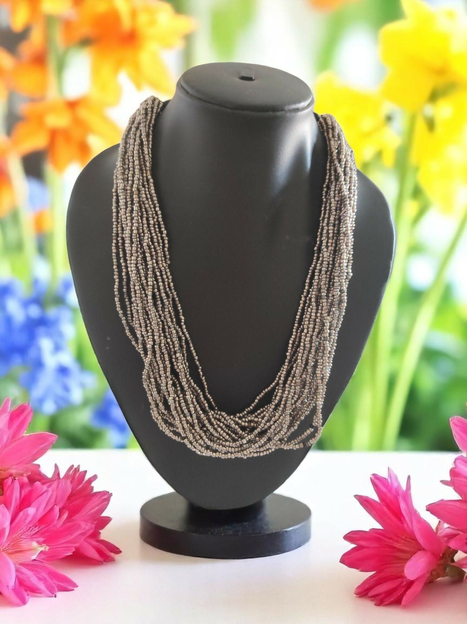 Inhanns Handmade Beaded Multilayer Necklace, 20 Layers - Gray
