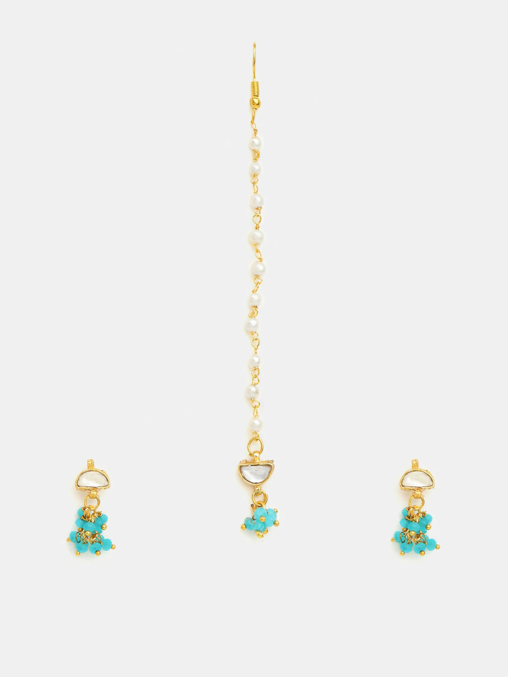 Ruby Raang Semi-Circle Gold Blue Earrings Set With Maang Tikka - Distacart