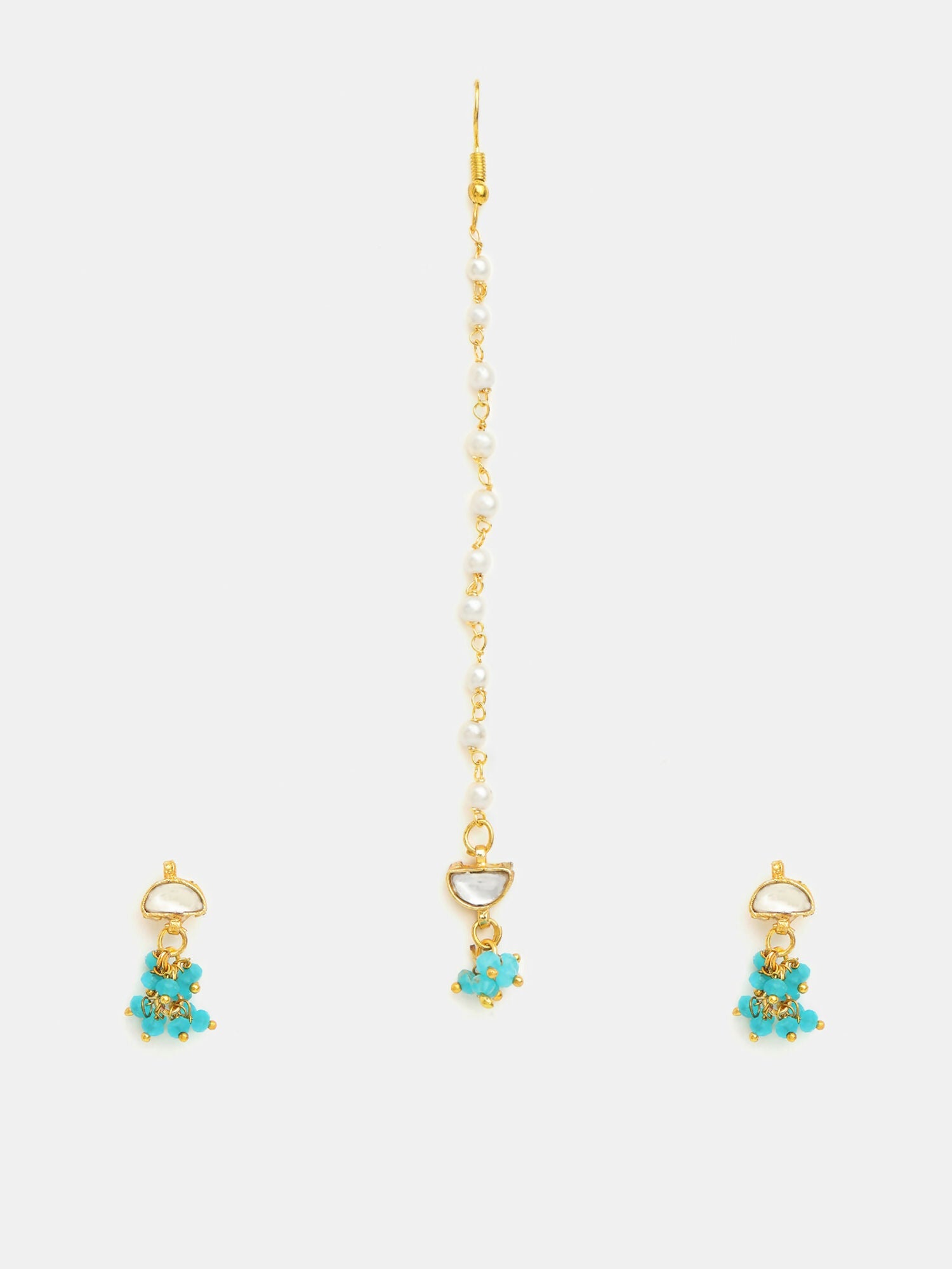 Ruby Raang Semi-Circle Gold Blue Earrings Set With Maang Tikka - Distacart