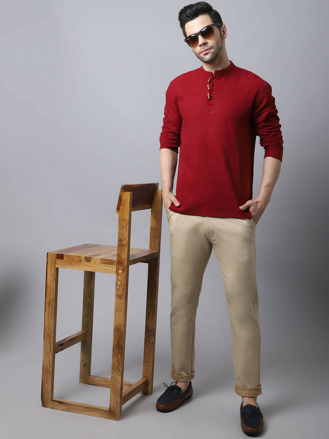 Even Apparels Maroon Pure Cotton Men's Kurta With Band Collar - Distacart