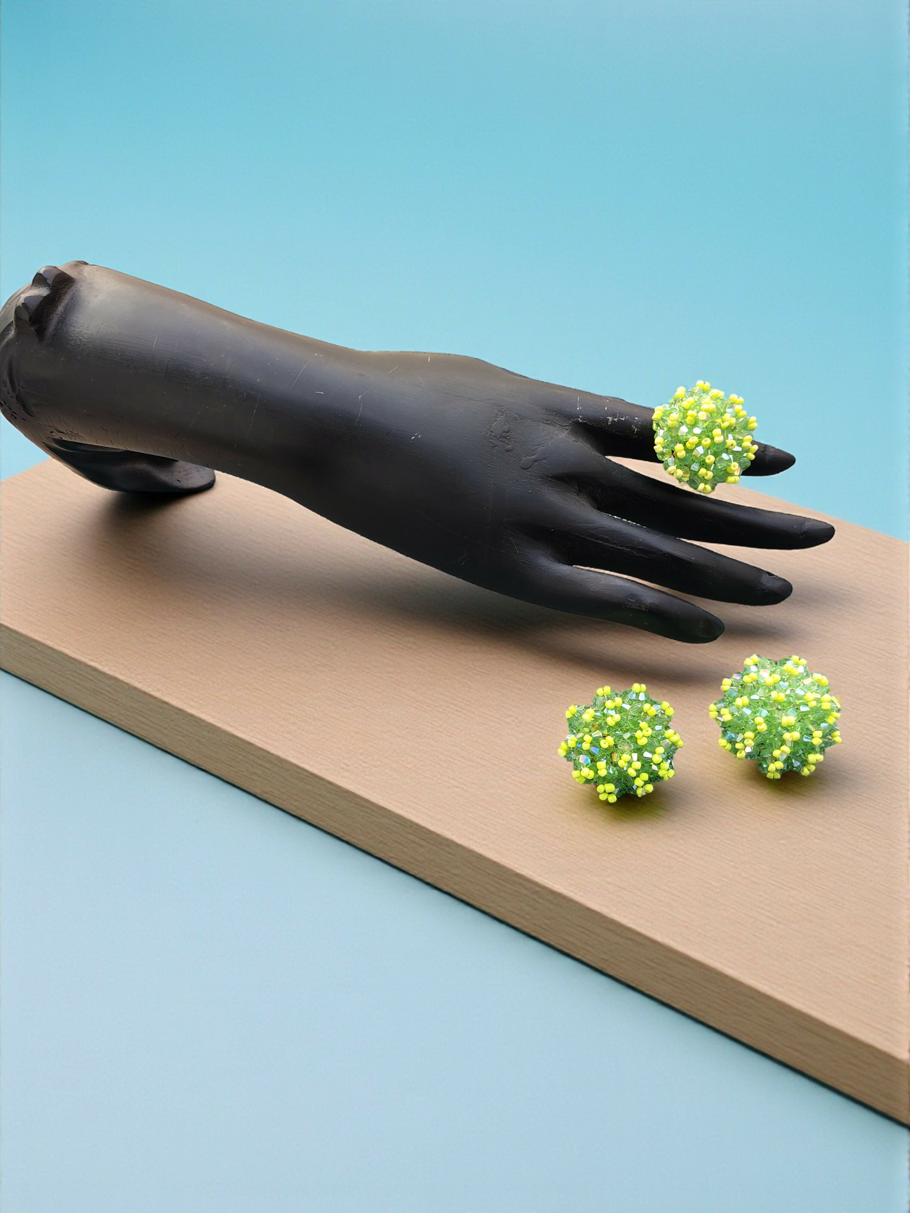 Inhanns Rangmani Crystal Duo – Adjustable Ring + Statement Earrings Set - Neon Green - Distacart