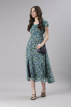 Souchii Teal & Blue Floral Printed Fit & Flare Dress