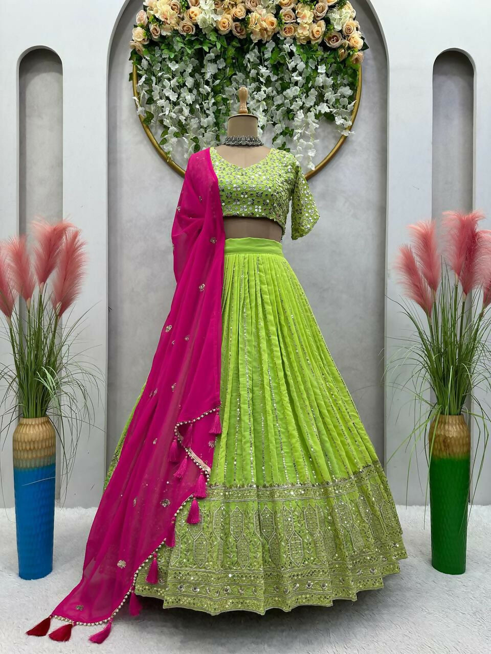 Jyoti Fashion Women's Green Faux Georgette Sequins with Thread Embroidered Designer Lehenga Choli Set