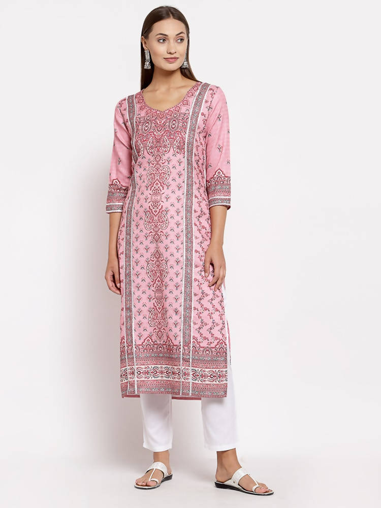 Myshka Women's Multi Pashmeena Printed 3/4 Sleeve Round Neck Casual Winter Kurta