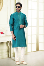 Raivat Ethnic Jacquard Banarasi Silk Thread Work Kurta Pajama In Blue Colour - Distacart