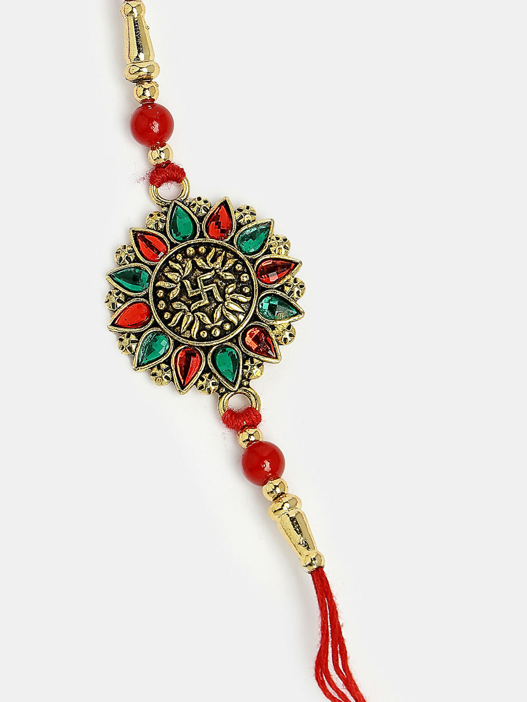 NVR Men Red & Gold-Toned Stone-Studded Rakhi With Roli Chawal - Distacart