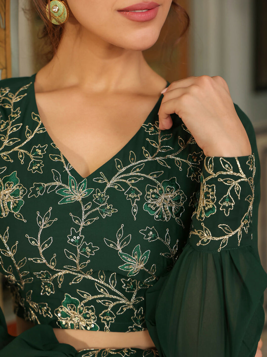 Janasya Dark Green Georgette Embroidered Top & Skirt