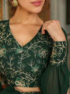Janasya Dark Green Georgette Embroidered Top & Skirt