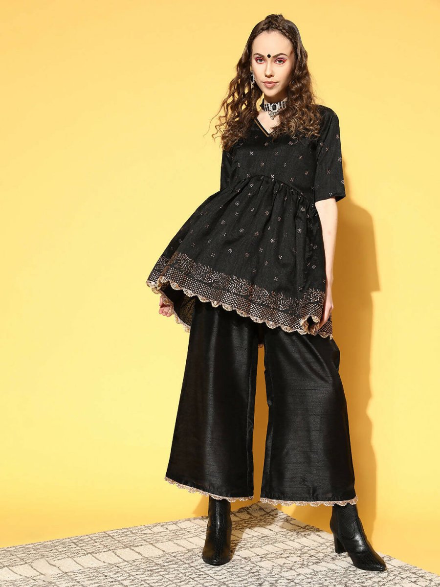 Ahalyaa Women Black Colour Poly Silk Copper Printed Top Palazzo Set - Distacart