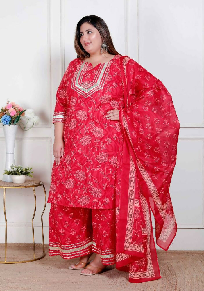 Miravan Plus Size Red Floral Print Embroidered Cotton Straight Kurta With Palazzo & Dupatta - Distacart