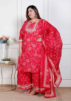 Miravan Plus Size Red Floral Print Embroidered Cotton Straight Kurta With Palazzo & Dupatta - Distacart