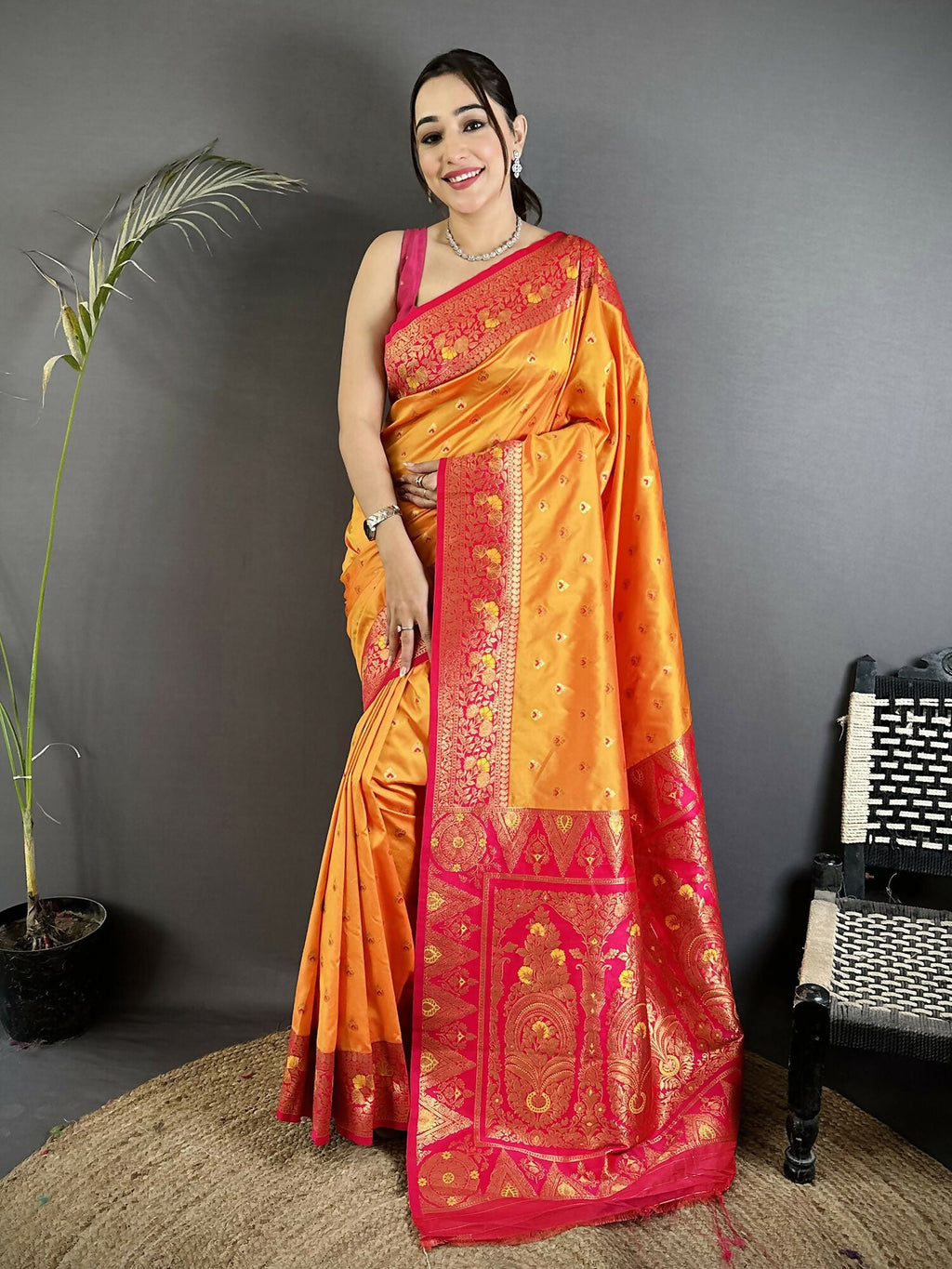 Joban Fashion Orange Intricate Motifs Soft Silk Banarasi Saree